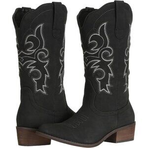J's.o.l.e Women Black Cowgirl Boots Cowboy Pointed Toe Wide Mid Calf